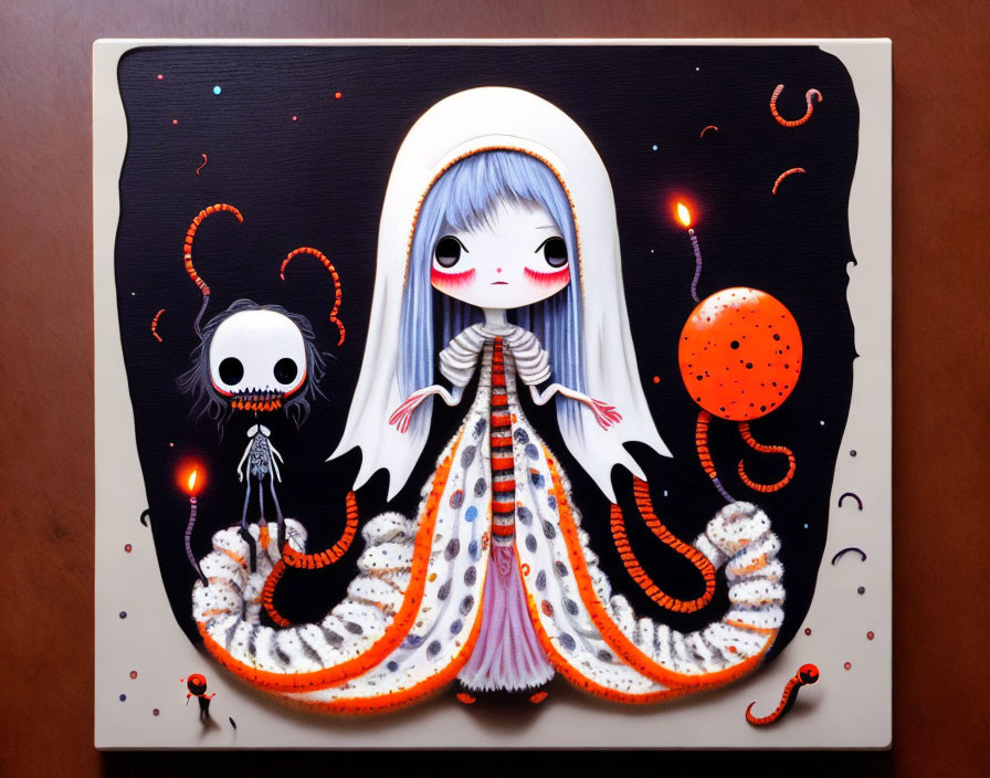 Whimsical illustration of pale girl with blue hair and floating skull creature