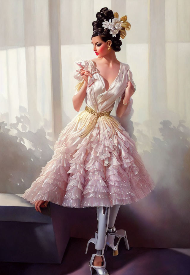 Vintage-style elegant woman in white and pink dress with prosthetic leg admiring manicure