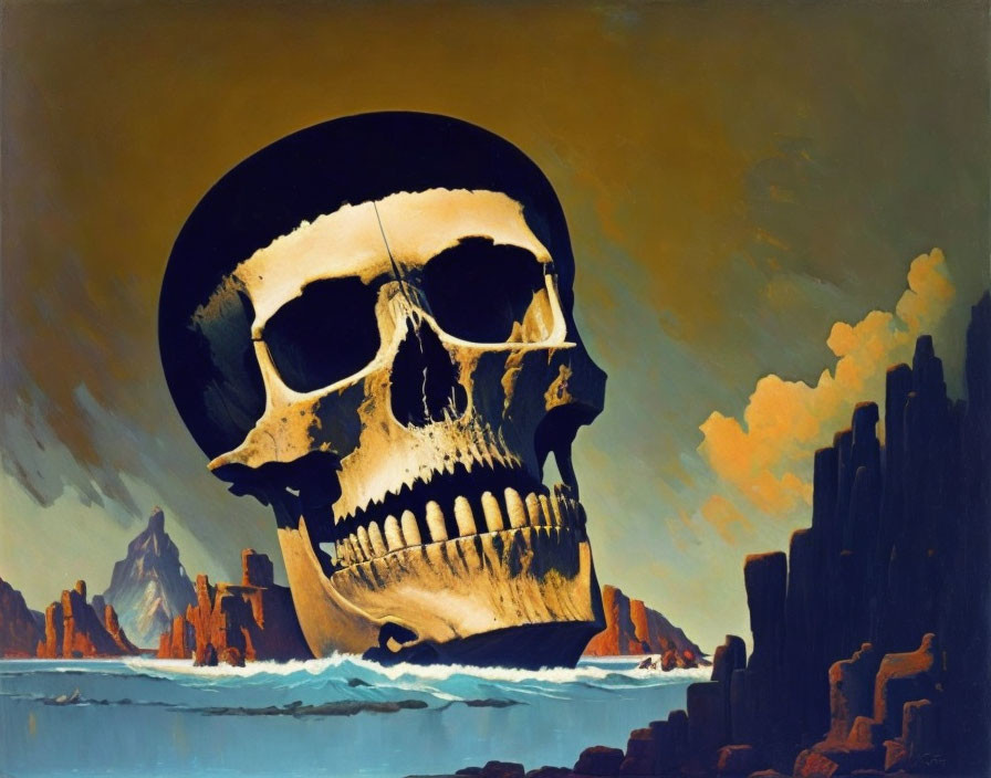 Surrealist artwork: large skull over barren landscape with orange clouds.