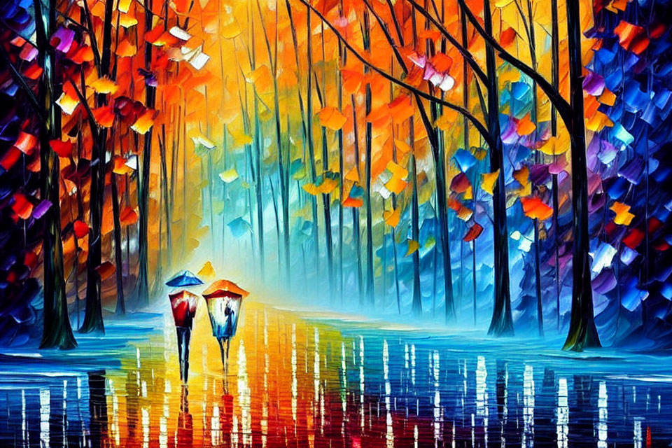 Colorful Path in Abstract Forest with Two People Holding Umbrellas