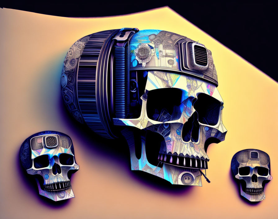 Artistically Stylized Skulls with Mechanical Details on Abstract Background