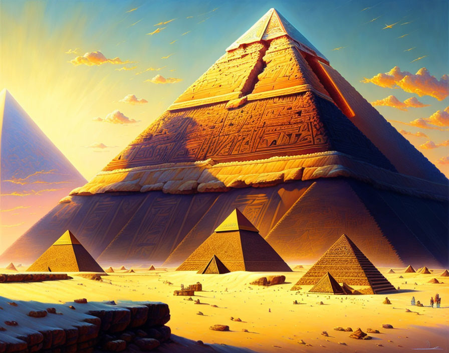 Vibrant artwork of Great Pyramids with hieroglyphs at sunset