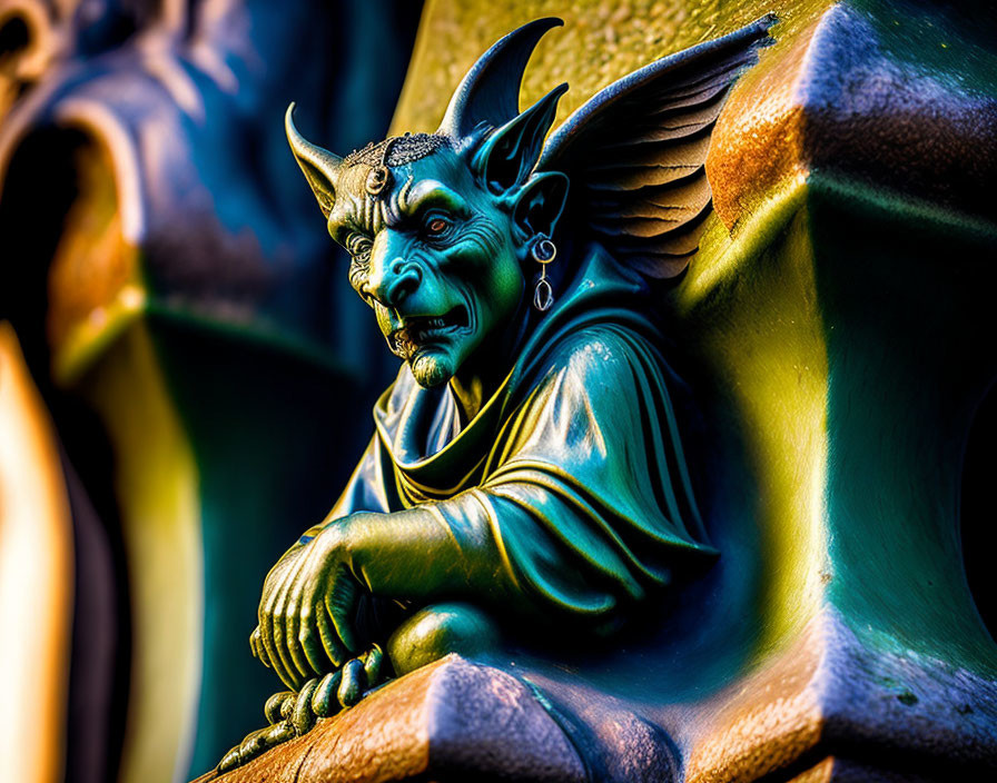 Mythical gargoyle sculpture with horns and wings under dramatic lighting