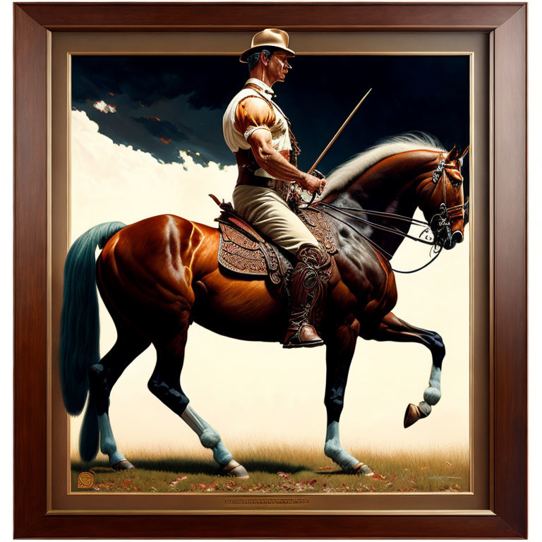 Equestrian painting of rider on brown horse with detailed saddle
