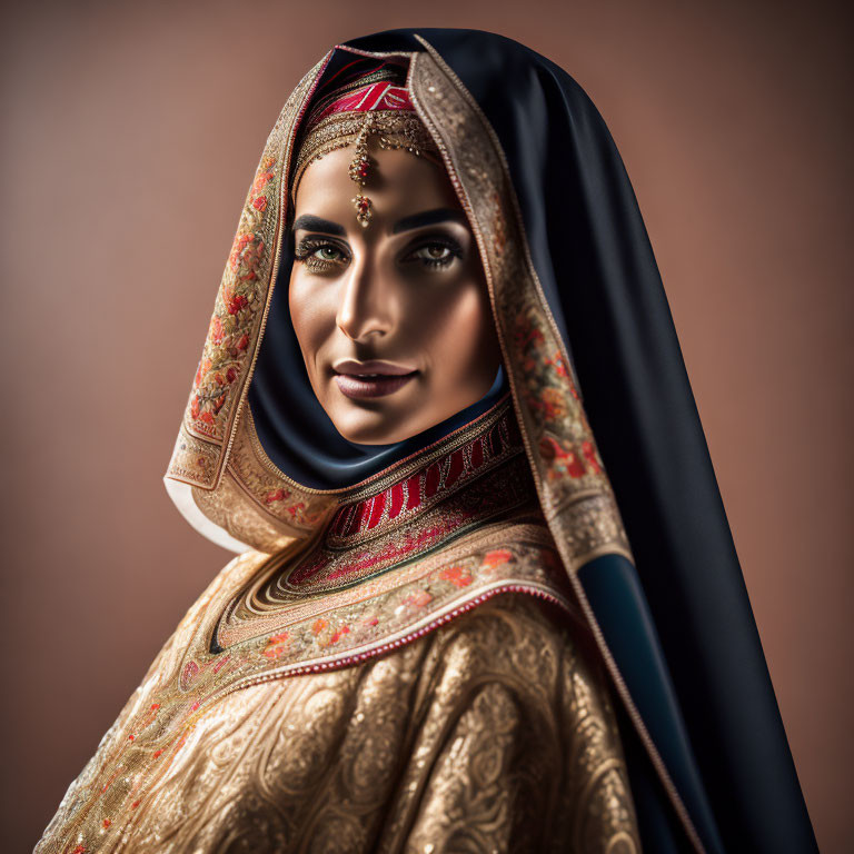 Portrait of Woman with Striking Eyes in Traditional Headscarf & Red Bindi