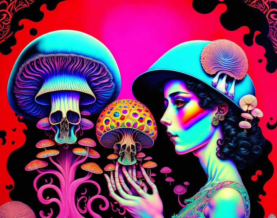 Colorful surreal illustration of woman with mushrooms and jellyfish on hot pink background
