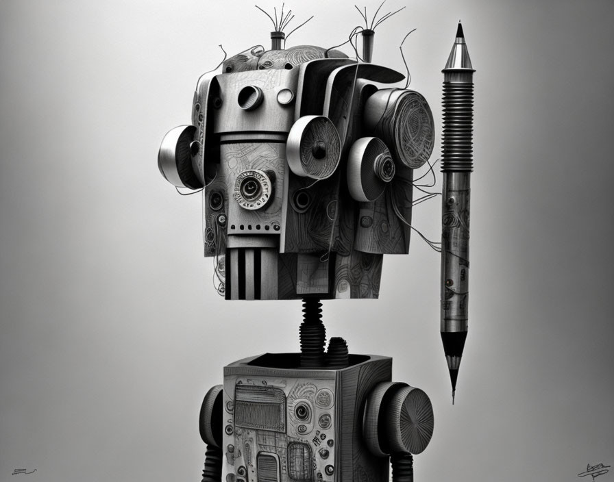 Detailed grayscale robot illustration with vintage radio body and mechanical head holding a pencil