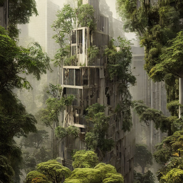 Urban building blending into forest landscape in a unique fusion.