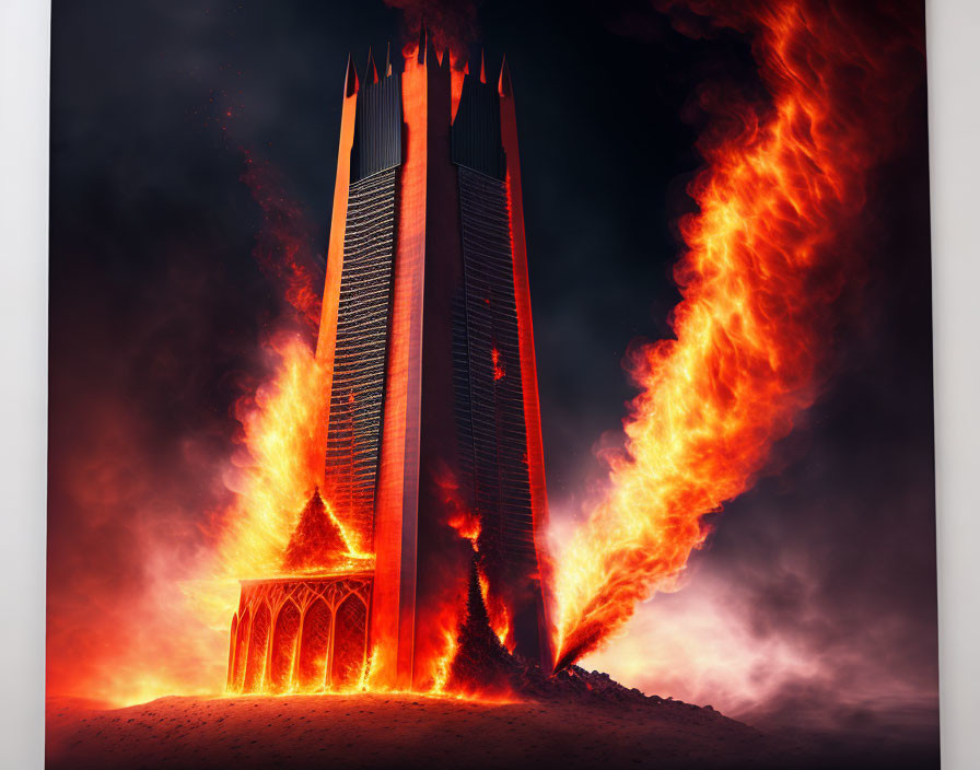 Digital artwork: Gothic-style structure engulfed in flames and smoke on dark sky