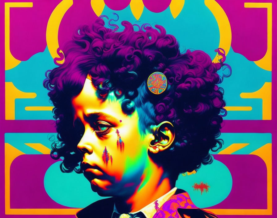 Colorful Pop Art Portrait of Child with Curly Hair and Teary Eyes