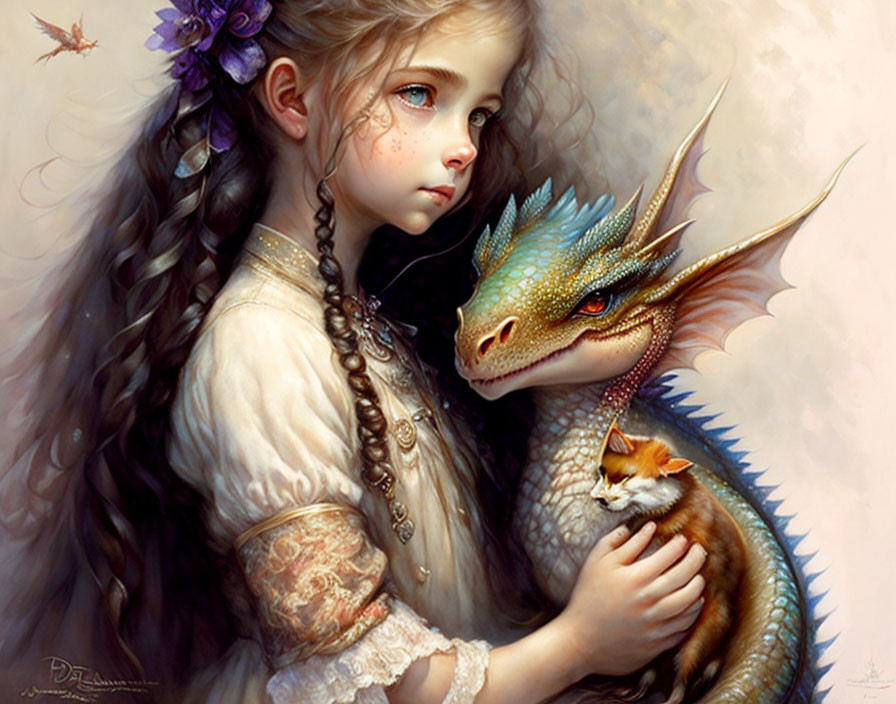 Girl with braided hair embraces dragon with small orange creature.