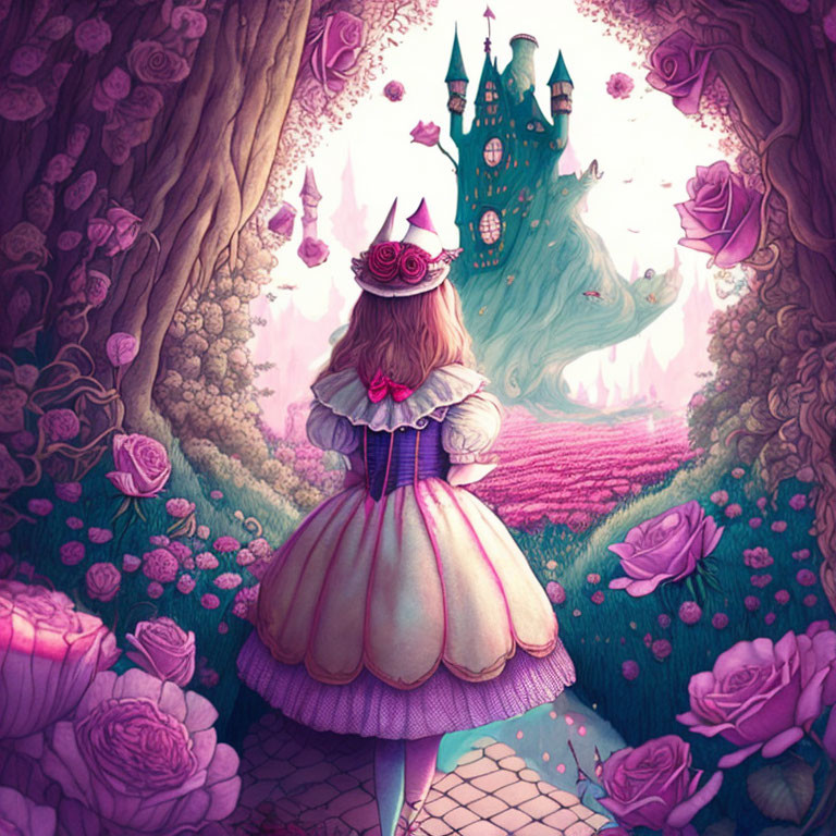Whimsical illustration of a young girl in royal dress and castle with pink roses.