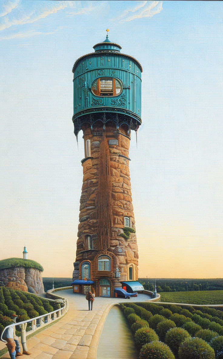 Whimsical painting of tall stone tower with blue dome and golden trim in serene landscape
