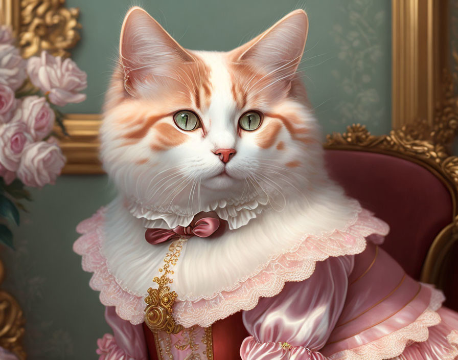 Majestic orange-white cat in pink Victorian dress with floral backdrop