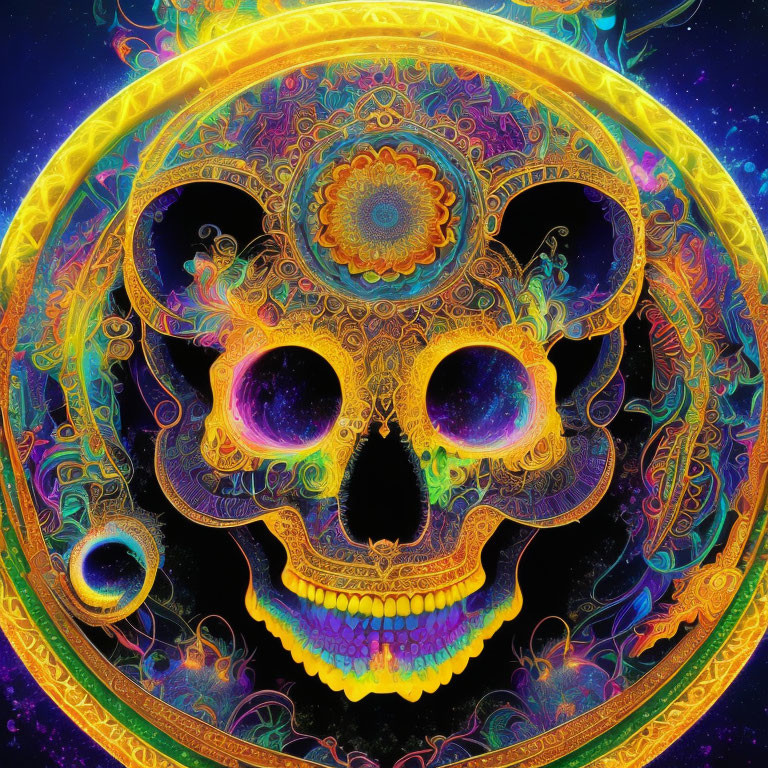 Colorful Psychedelic Skull Art with Mandala Halo on Starry Space Background