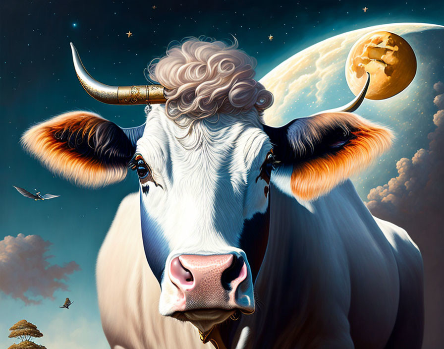 Illustrated cow with luminous eyes and ornate horns under night sky.