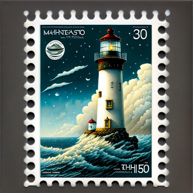 Illustrated lighthouse stamp with comet and waves - 30 unit value