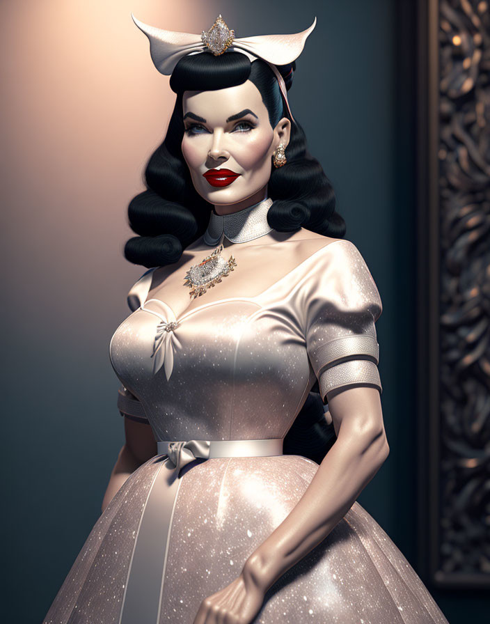 Stylized 3D illustration of woman in vintage attire and elegant dress