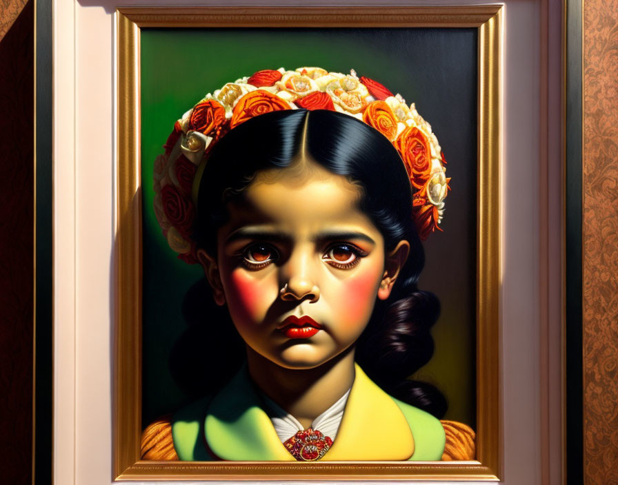 Portrait of young girl with serious expression, wearing yellow and green outfit, framed with orange flower wreath
