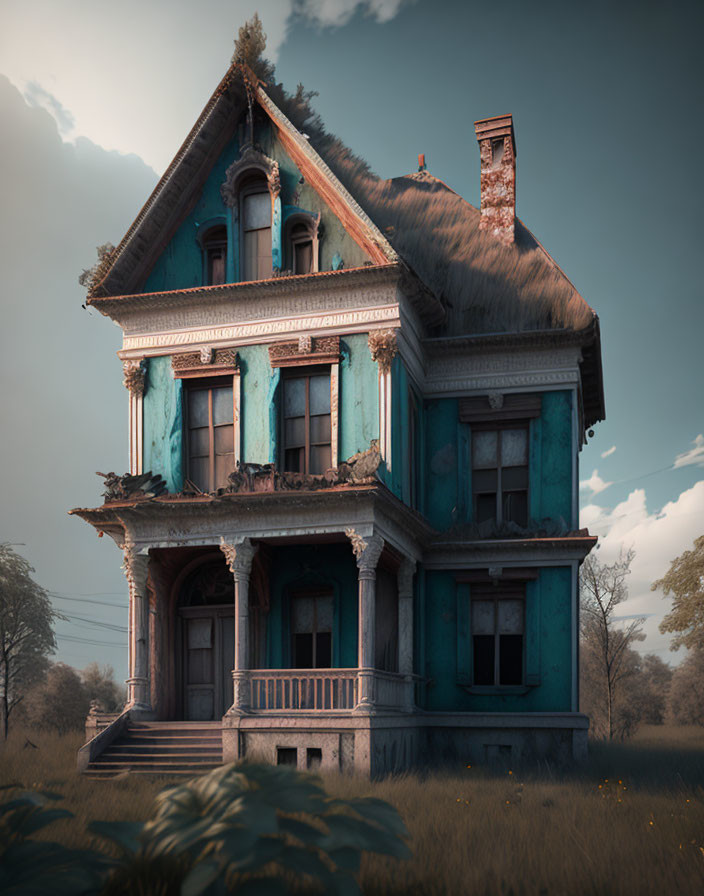 Weathered turquoise Victorian house in grassy field under cloudy sky