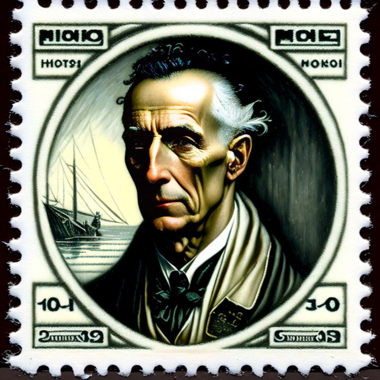 Distinguished man with high cheekbones on commemorative stamp