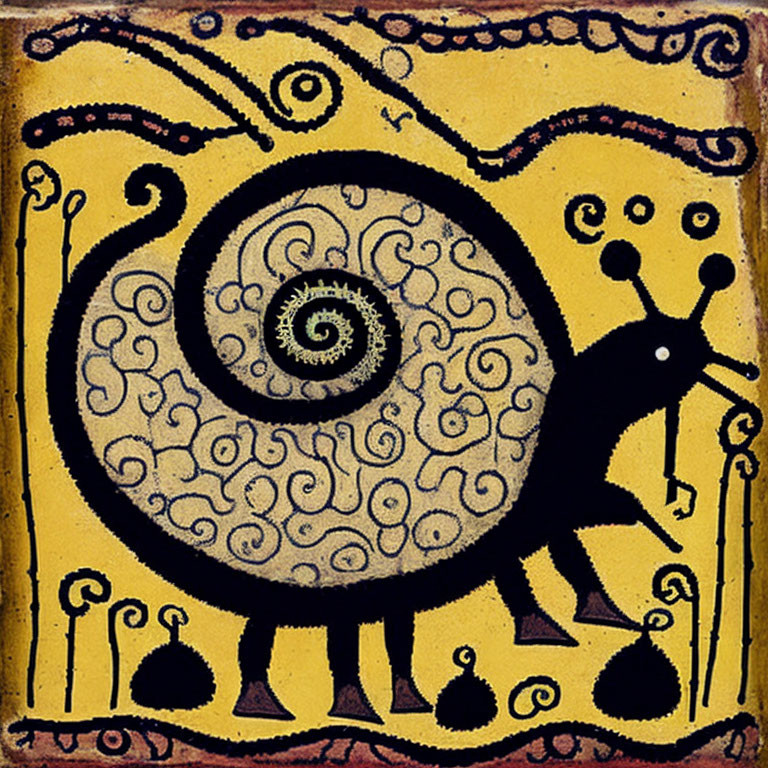 Abstract tribal-style painting of spiral-tailed creature on yellow background