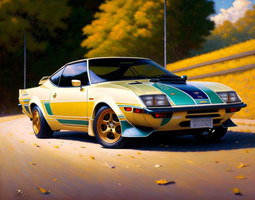 Vintage Sports Car with White, Blue, and Yellow Colors on Autumn Road