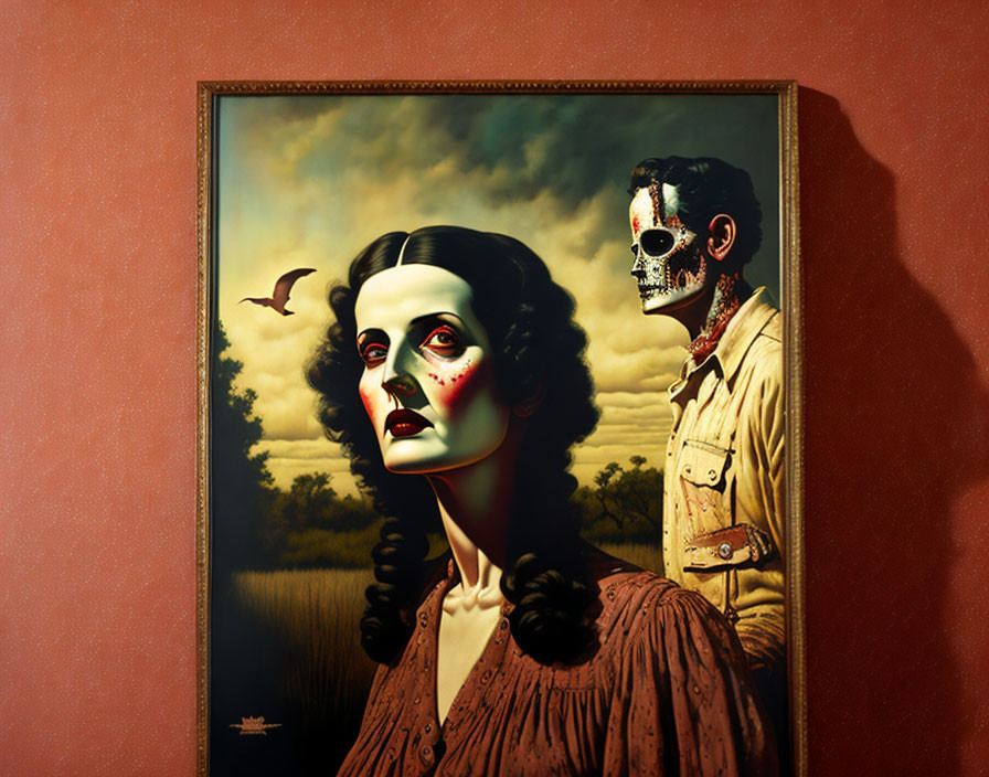 Artwork featuring two figures with haunting makeup and half skull face against cloudy sky backdrop.