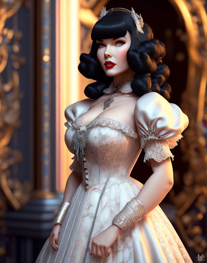 Stylized 3D render: Woman with black hair in vintage glam hairstyle, ivory dress,