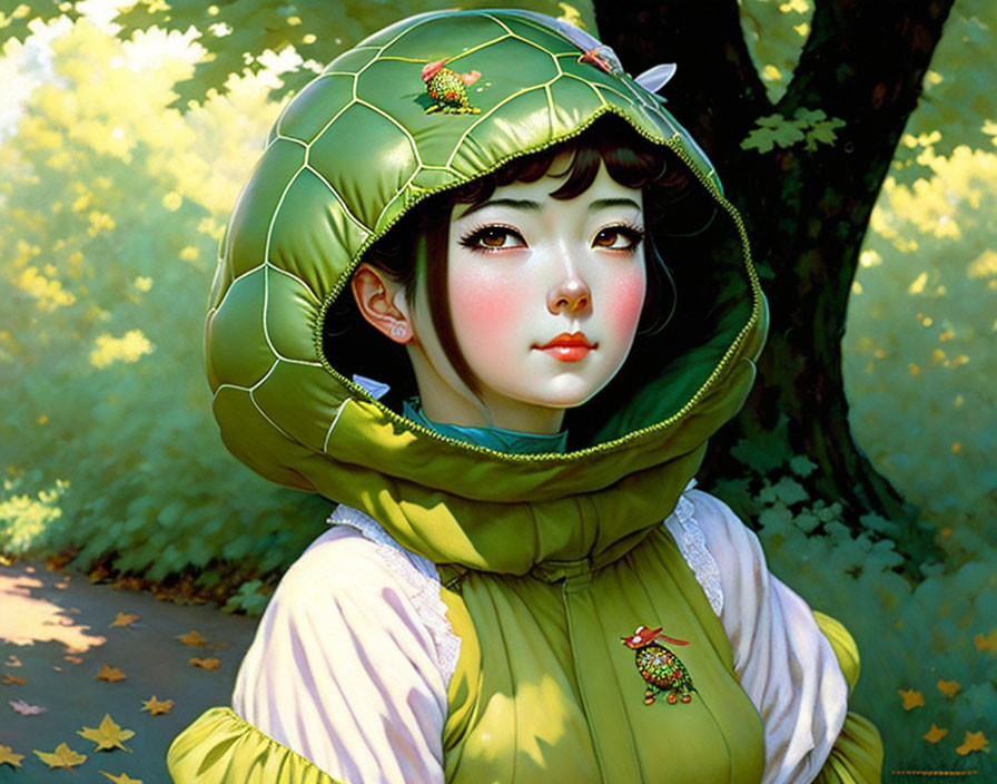 Portrait of Woman in Green Hood with Frog Designs in Sunlit Autumn Setting