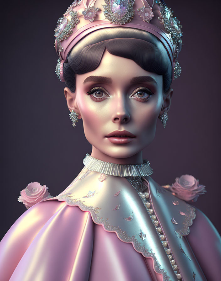 Digital artwork: Woman with large eyes, dark hair, pink vintage dress, rose details, bej