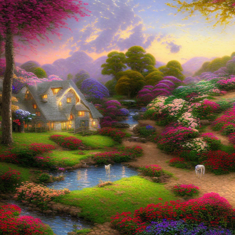 Cottage surrounded by blooming gardens, stream, horses, dreamlike sky