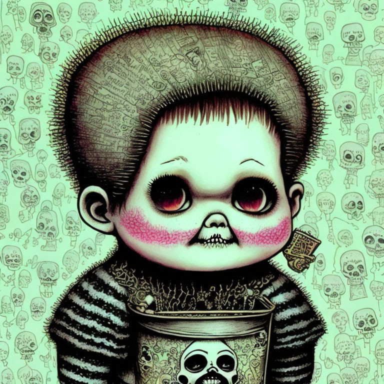 Creepy Child Illustration with Large Eyes and Skull Background