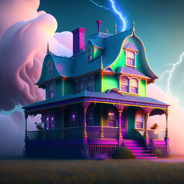 Colorful Victorian House Illustration with Ominous Sky