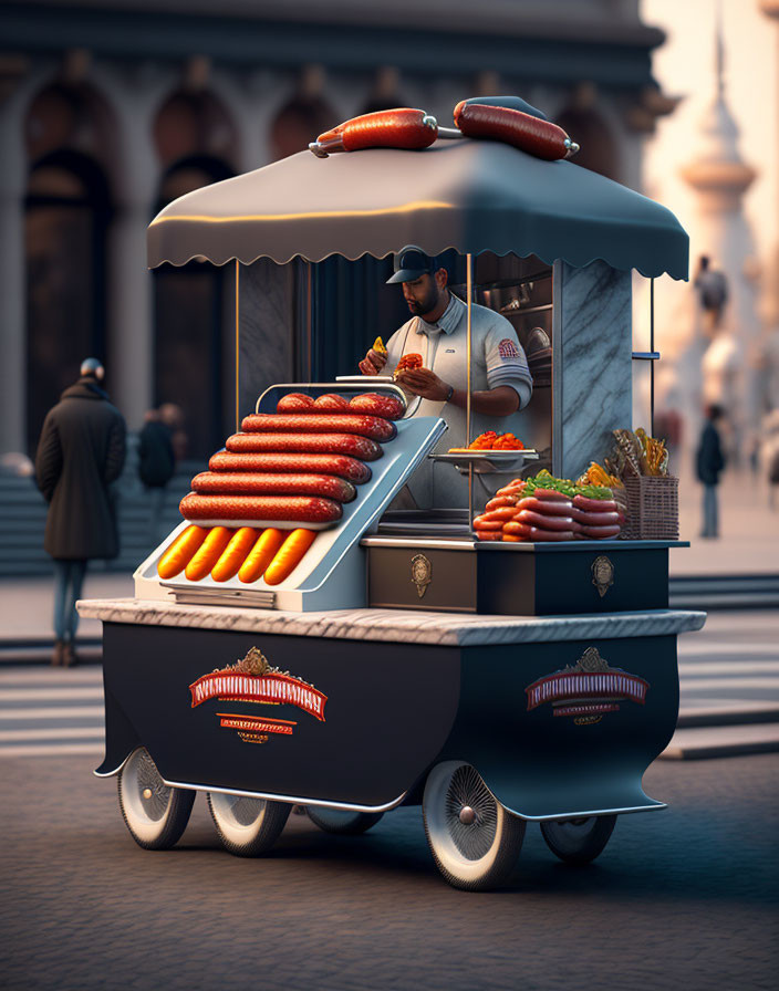 Hot Dog Vendor Cart with Sausages near Historic Building and Pedestrians