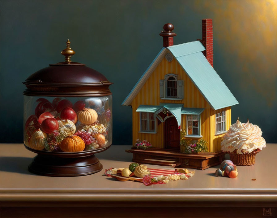 Hyperrealistic Painting of Miniature House, Glass Jar, Fruits, and Sweets