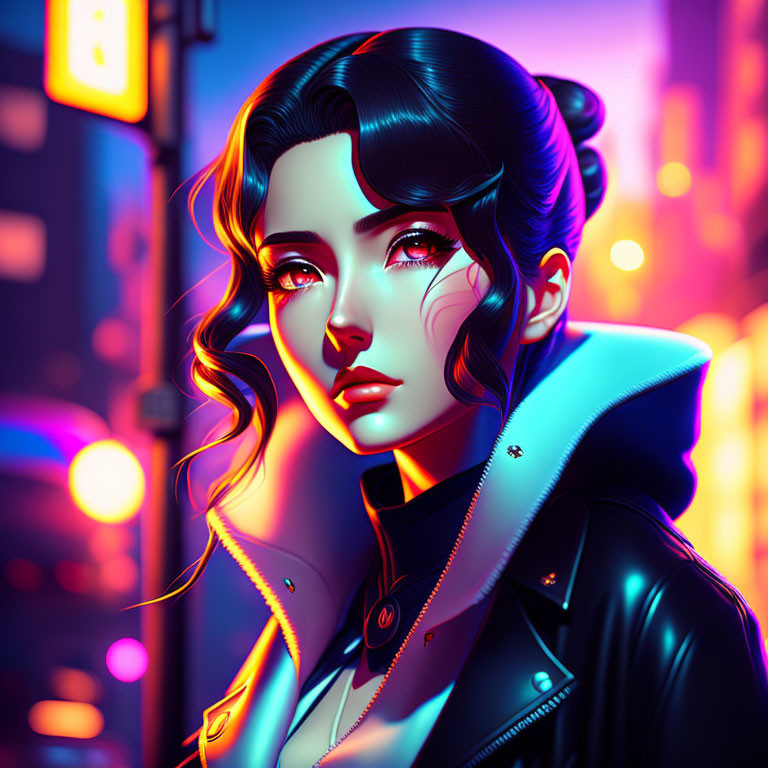 Stylized digital artwork of woman with red eyes and wavy hair in blue jacket