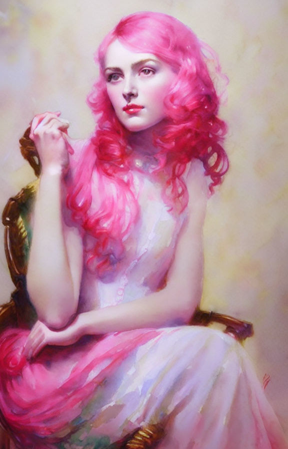 Pink-haired woman sitting pensively in front of pastel background