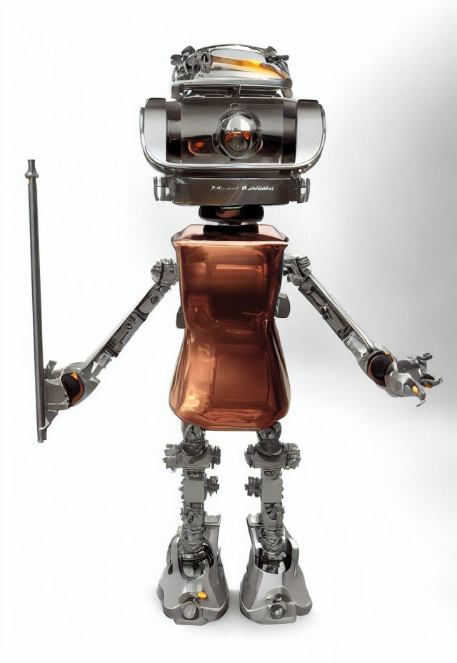 Futuristic copper robot with silver limbs and spear, detailed mechanical design