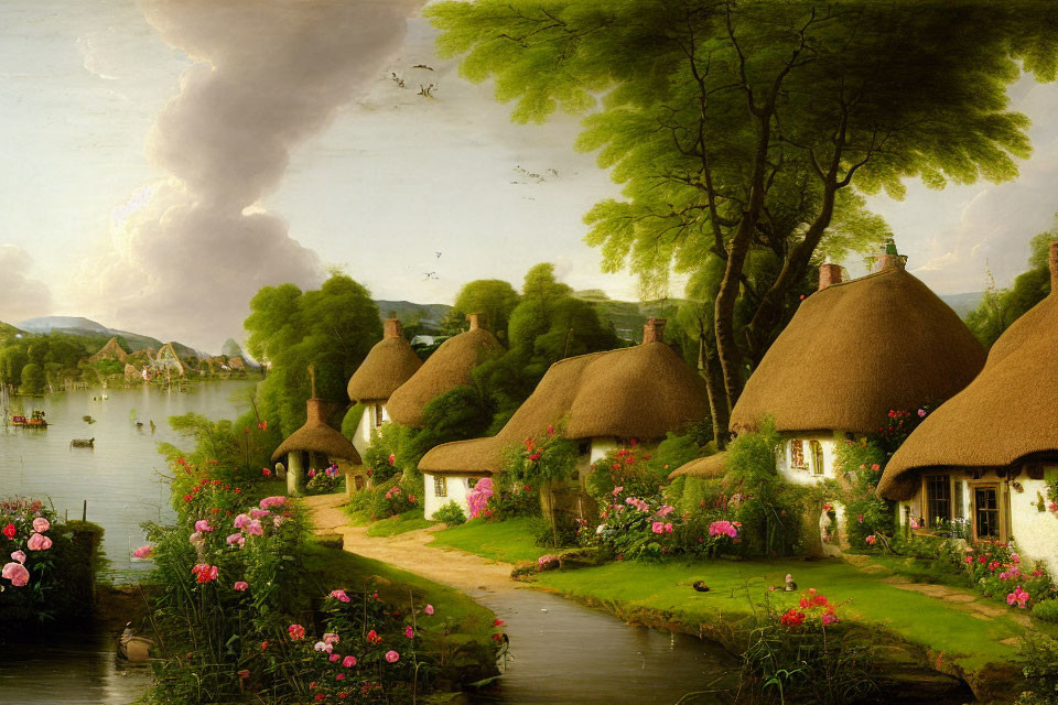 Tranquil countryside landscape with thatched-roof cottages, river, greenery, flowers,