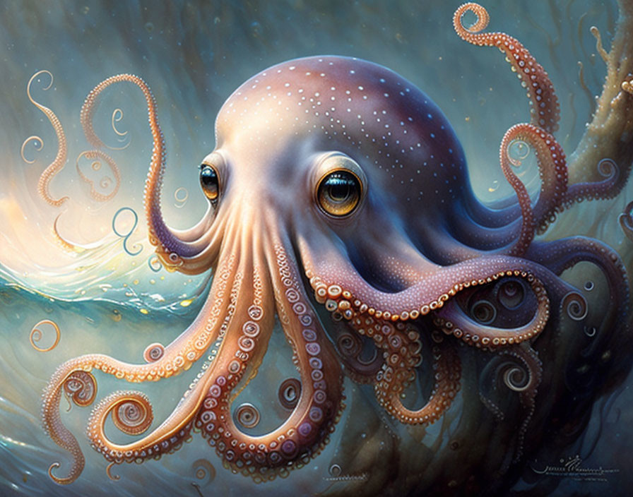 Intricately Painted Octopus Surrounded by Swirling Water