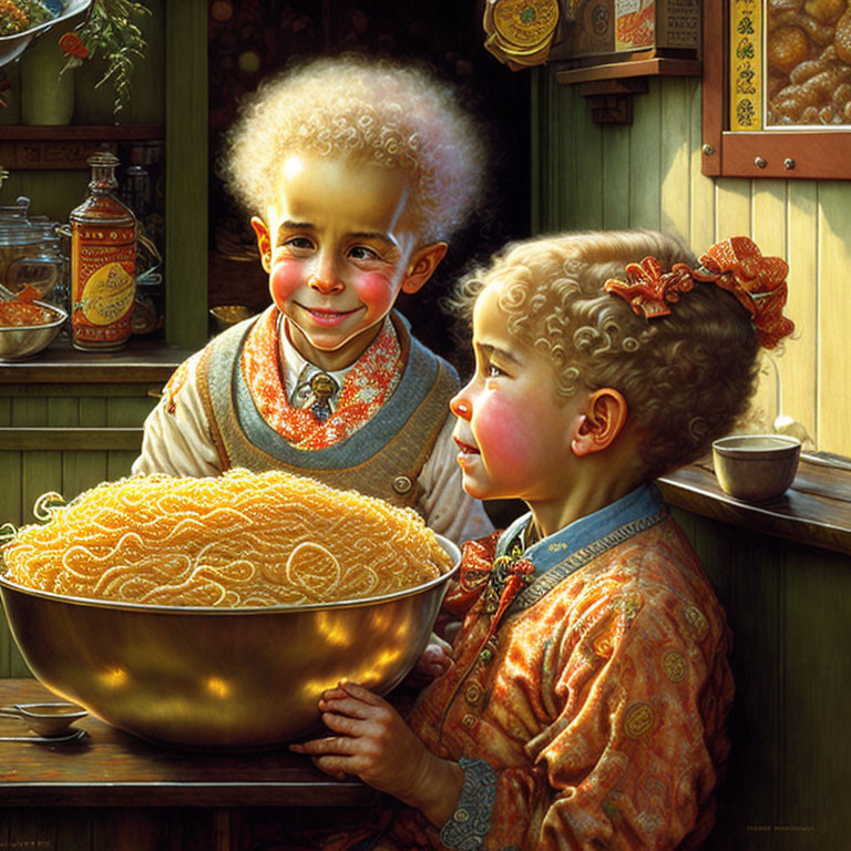 Curly-Haired Children Admiring Bowl of Noodles in Vintage Kitchen