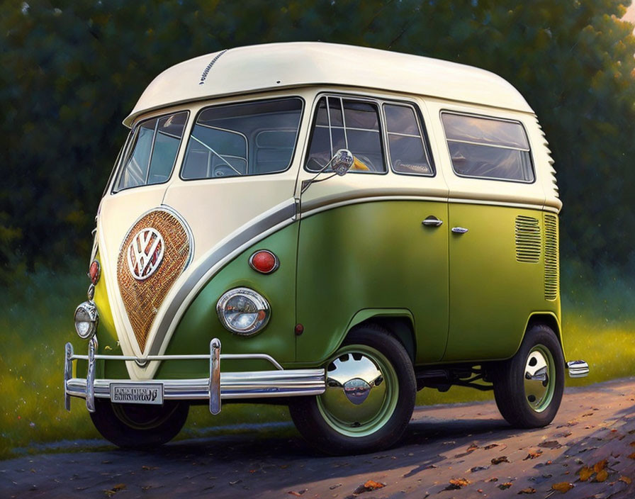 Vintage Two-Tone Green and White VW Bus in Natural Setting