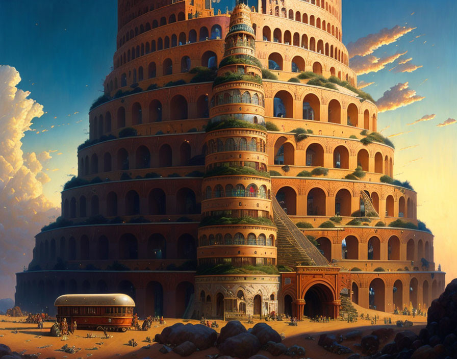 Circular stepped building with arches in desert sunset glow