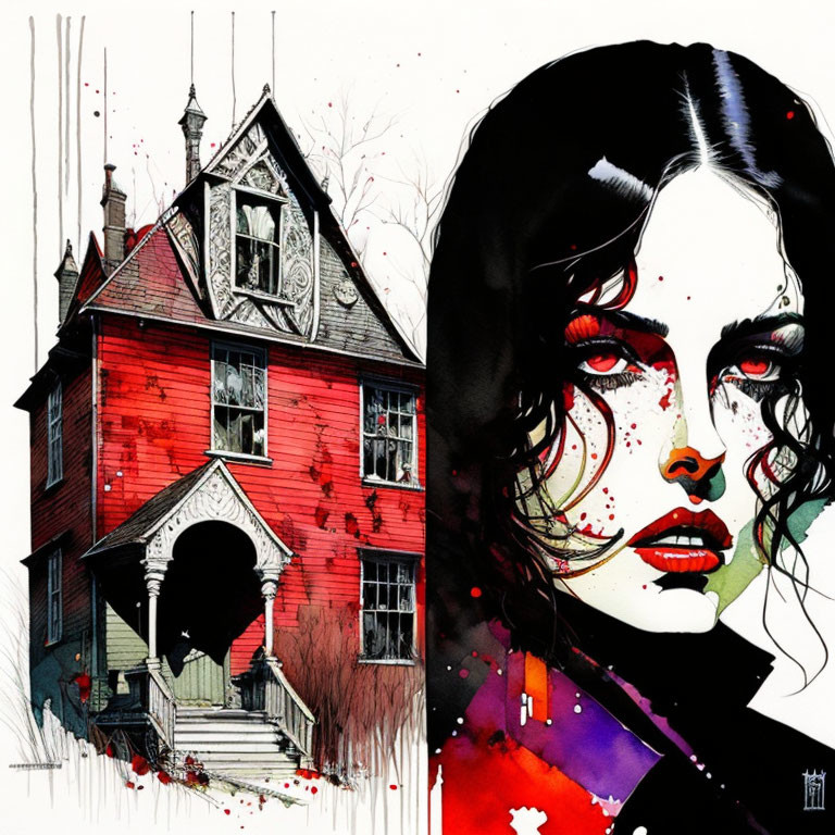Spooky red house and intense woman diptych with Gothic elements