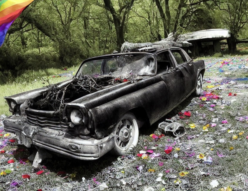 Abandoned black car in field of colorful flowers with damaged exterior