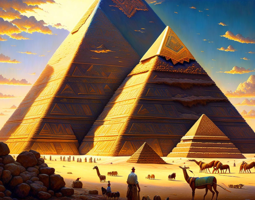 Intricate golden pyramids under a blue sky with people and camels.