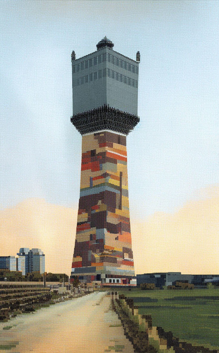 Pixelated tall tower with unique pattern against dusk sky.