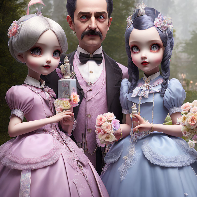Man with Two Doll-Like Girls in Vintage Attire Portrait