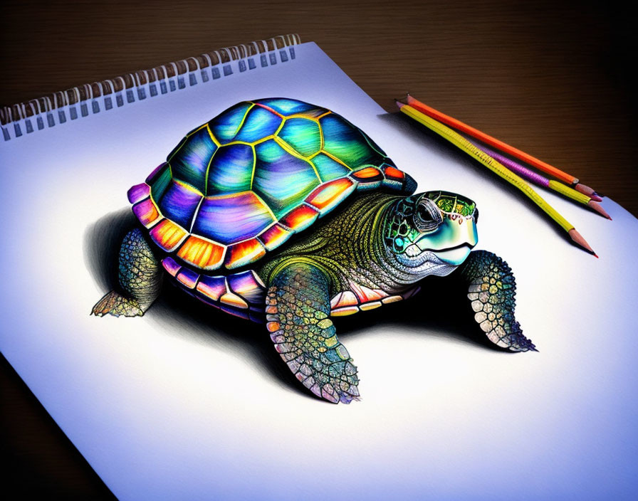 Colorful Turtle Drawing with Colored Pencils on Desk